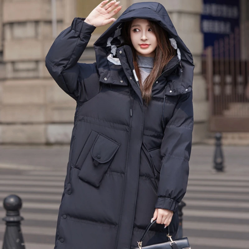 2024 New Coats Down Checkered Winter Coat Female Fashion Hood Long Down Jacket Thick Windproof Parkas Outerwear Women Jacket