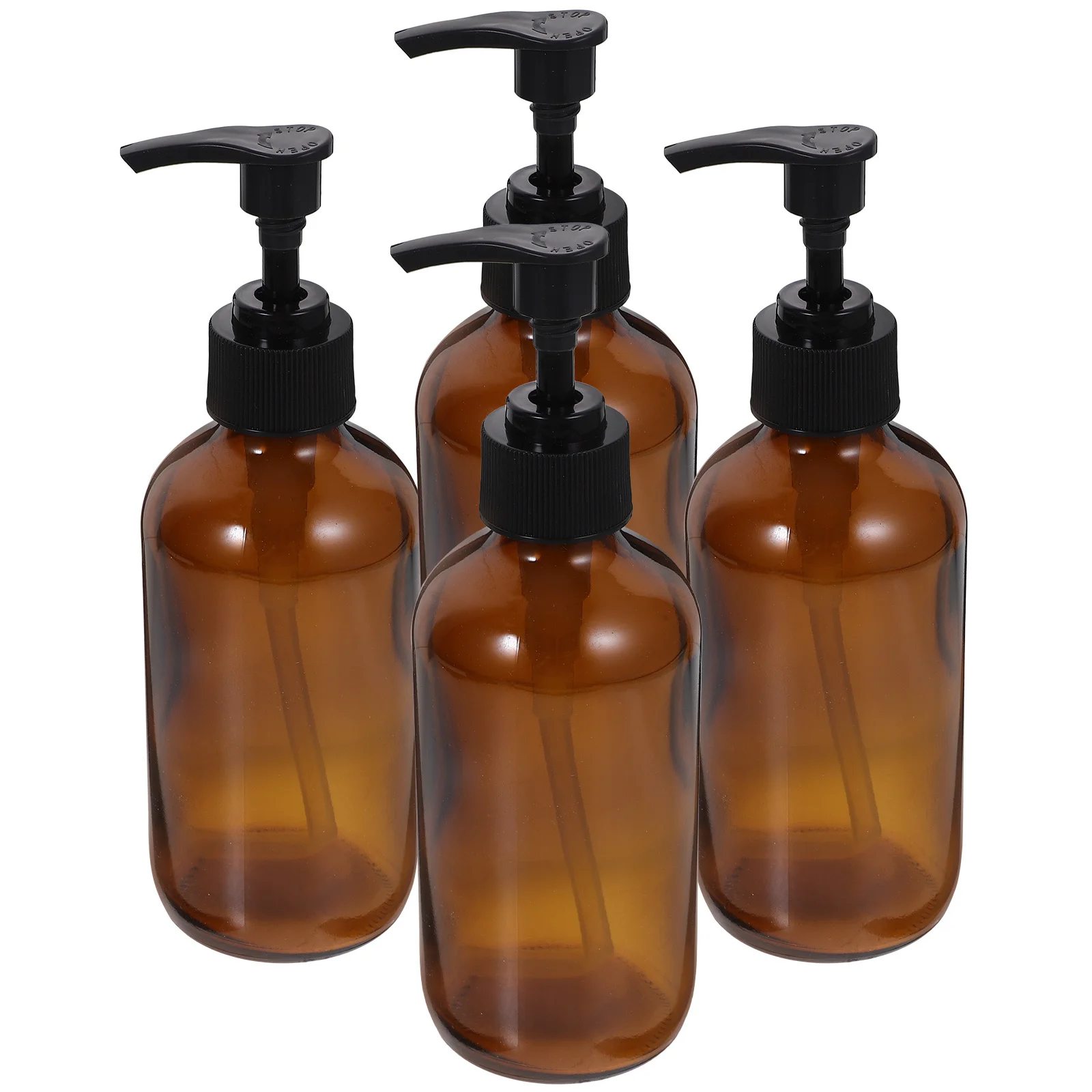 

4Pcs Glass Pump Bottles Light Brown 250ml Empty Lotion Shampoo Shower Gel Dispensers Portable Travel Home Hotel Use Refillable