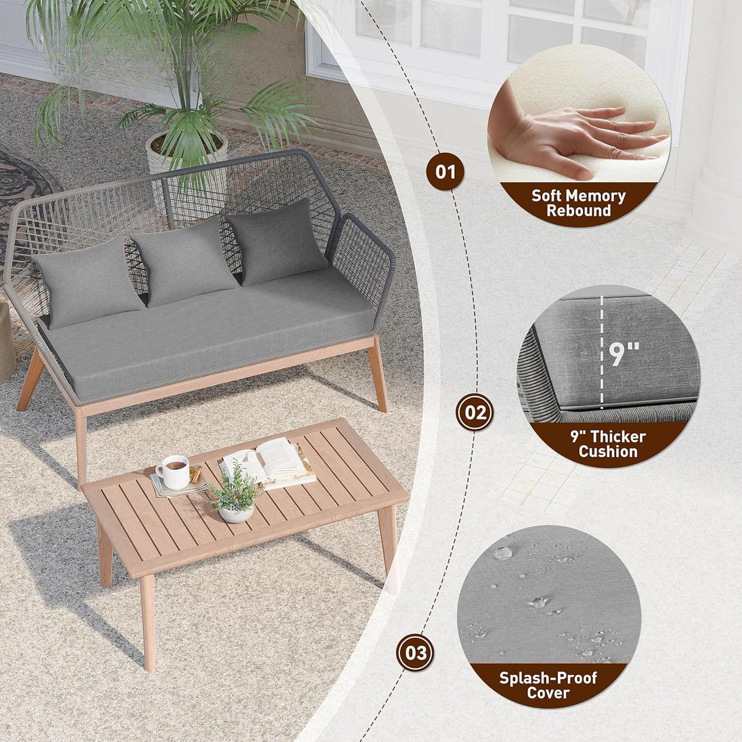 Set di divani componibili intrecciati in corda per interni da esterno 5 pezzi Set di conversazione per Patio in rovere moderno con tavolo in legno per balcone, veranda, cortile