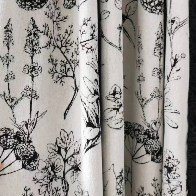 French Retro Luxury Bedroom Living Room Curtains Black and White Pine Cone Jacquard Chenille Curtains Blackout Thick Curtains