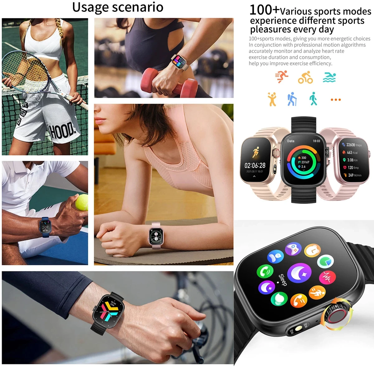 2024New Smart Watch Men Women Gifts LED Flashlight BT Call 100 Sport Modes Fitness Tracker Health Monitoring AI Voice Smartwatch