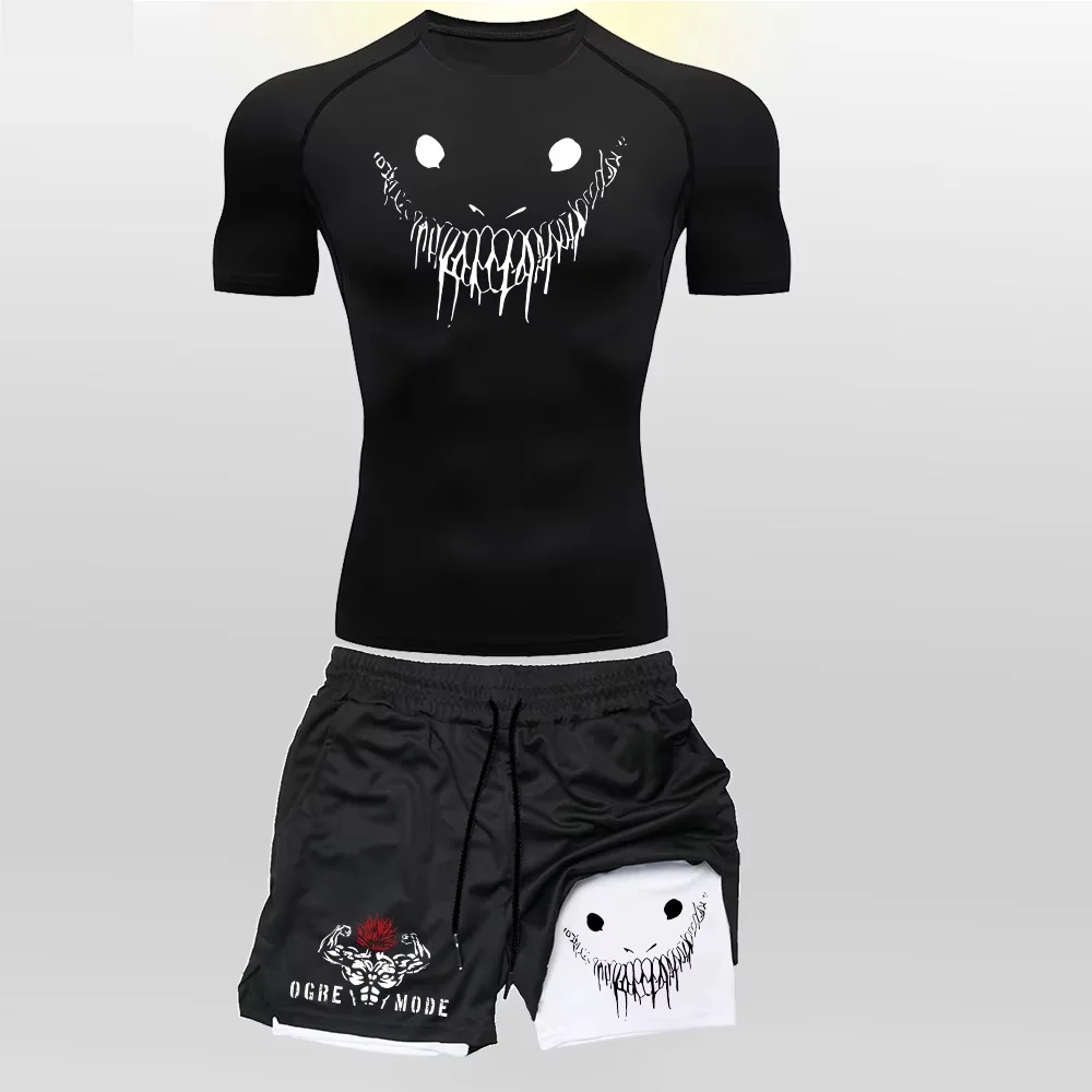 

Anime 2 in 1 Shorts T Shirt Suits Men's Fitness Breathable Second Skin Compression Shirts Sets Gym Double Deck Shorts 904