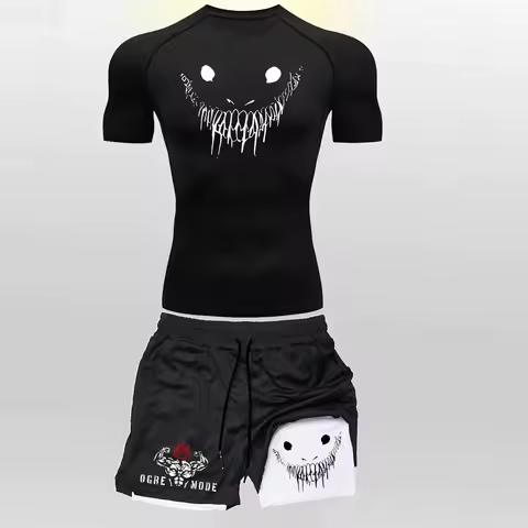 Anime 2 in 1 Shorts T Shirt Suits Men's Fitness Breathable Second Skin Compression Shirts Sets Gym Double Deck Shorts 904