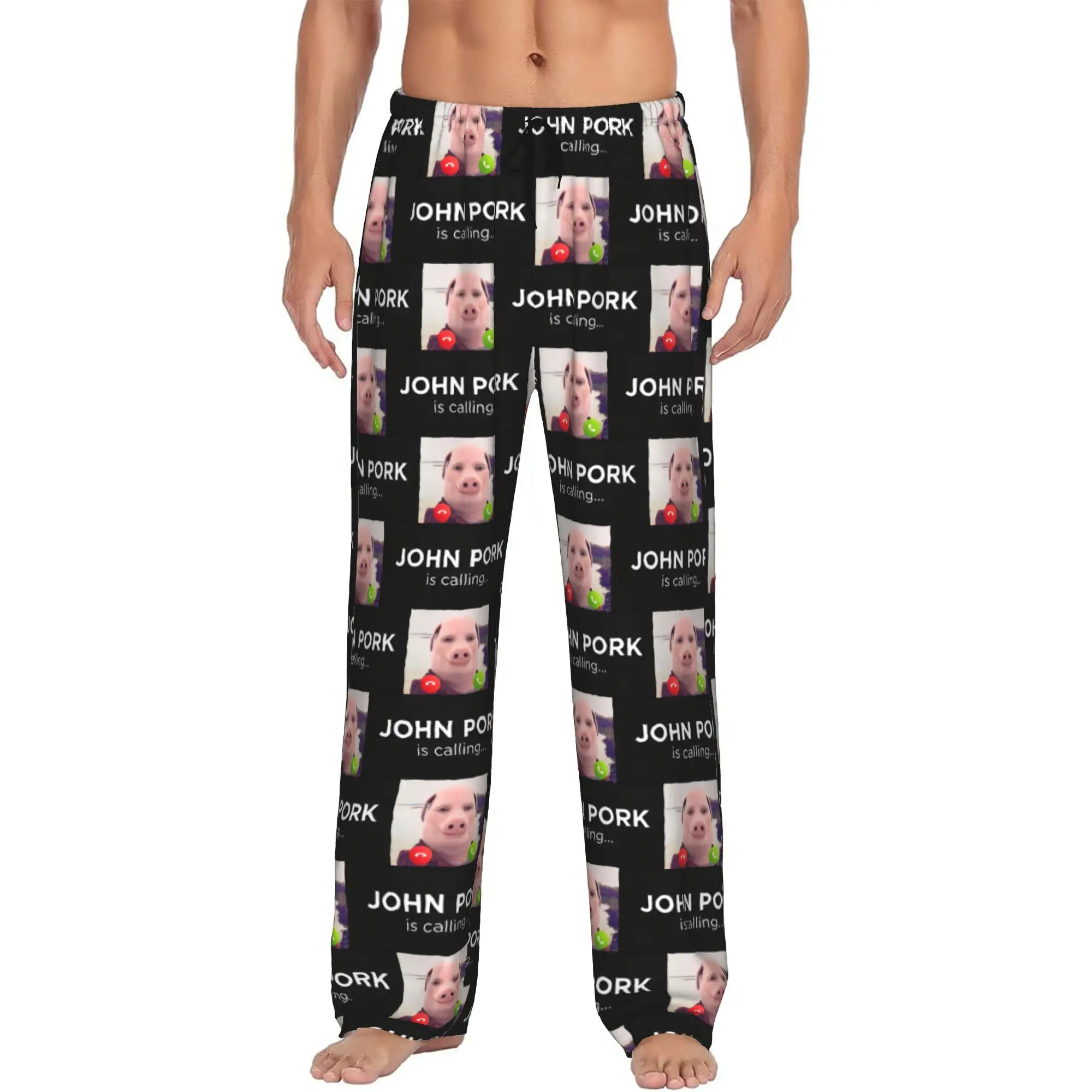Custom Print Men John pork is calling Pajama Pants Funny Pig Sleepwear Sleep Lounge Bottoms with Pockets