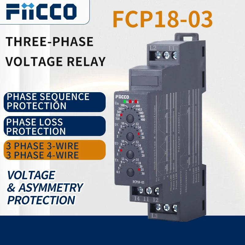 

Fiicco FCP18-03 Din Rail Three-phase Voltage Relay for HVAC Systems Industrial Pumps Voltage Monitoring Phase Failure Cutoff