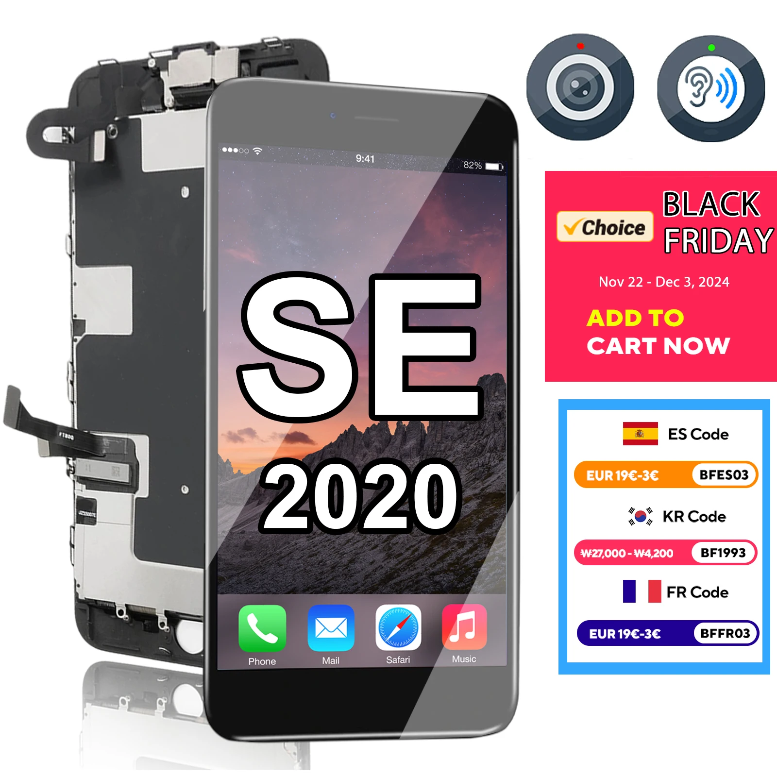 For iPhone SE 2 2020 LCD Screen Full Set Display Complete Assembly Replacement Touch Digitizer+Camera+Earpiece A2275 A2298 A2296