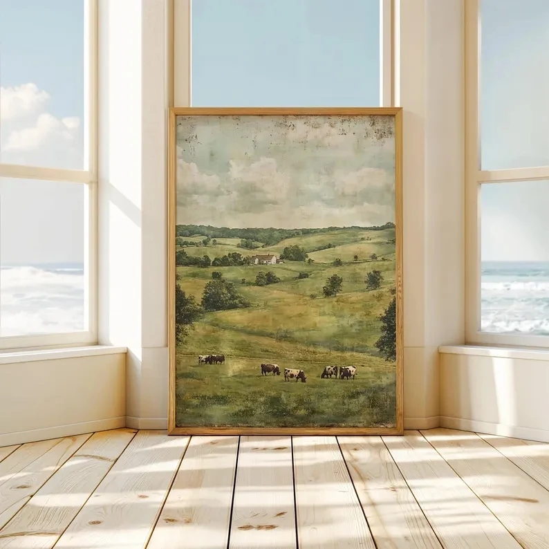 Retro-Landschaft mit Kühen, Landhaus-Wandkunstdruck, Leinwandgemälde, Poster, Bild für Wohnzimmer, Schlafzimmer, Heimdekoration