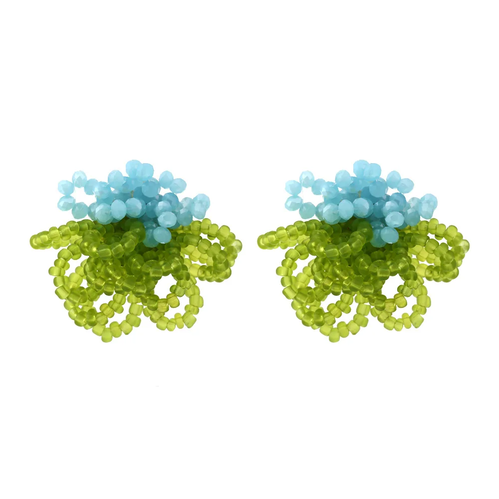 Fresh design hand-woven rice beads flower stud earrings glass crystal beaded flower fringed earrings women