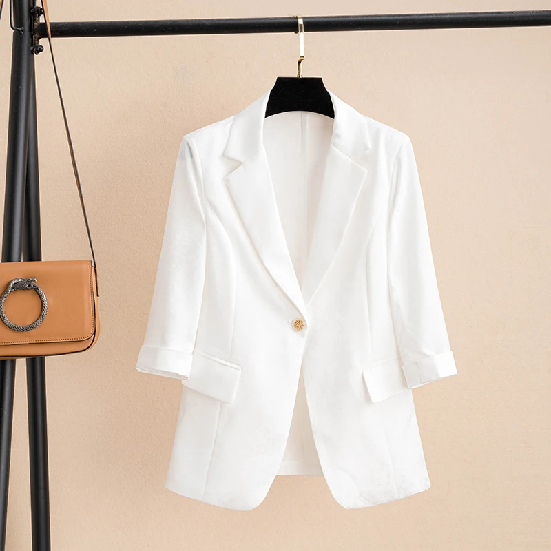 เสื้อเบลาส์ผู้หญิงทรงเข้ารูป แขนเจ็ดส่วน ลายปักดอกไม้สีขาว สไตล์มืออาชีพ คุณภาพดี บางเบา เหมาะสำหรับฤดูใบไม้ผลิและฤดูร้อน