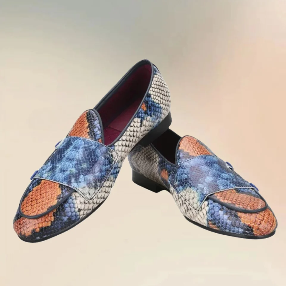 Button Decor Mixed Color Snakeskin Design Loafers Fashion Slip On Men Shoes Novel Handmade Party Feast Banquet Men Casual Shoes