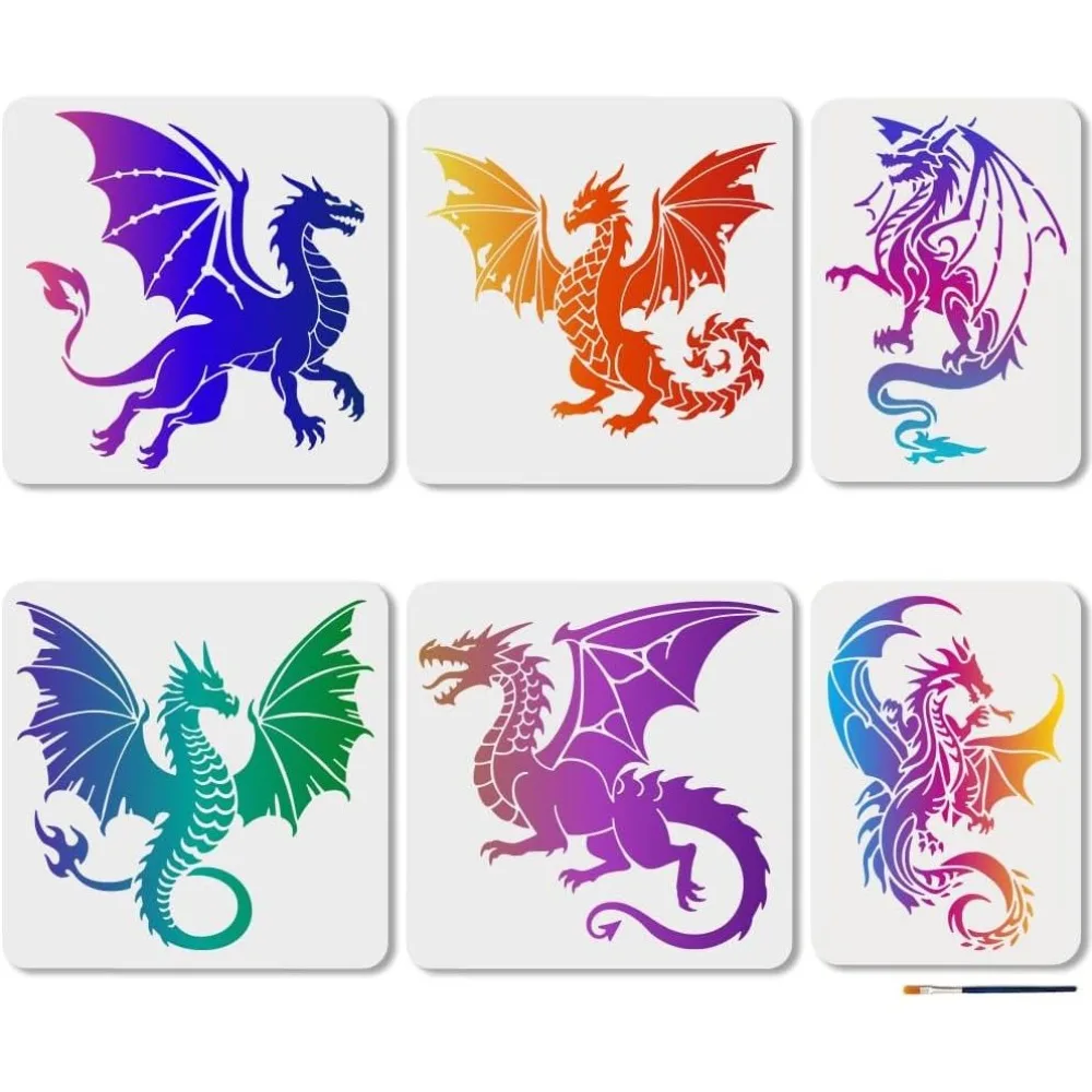 6Pcs Dragon Stencil Reusable Flying Dragon Stencil for Painting Mythical Fantasy Creature Design Drawing Template Paint Brush