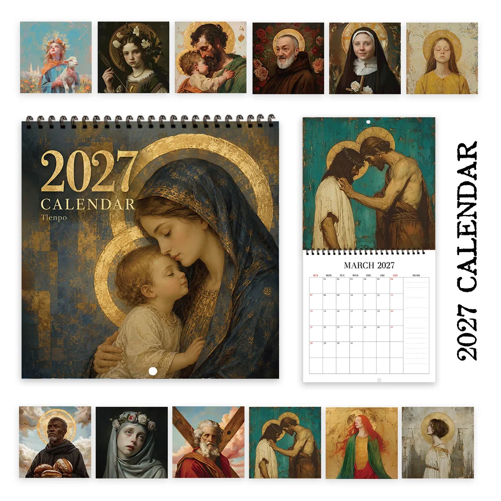 1pc 2027 Religious Icon Vintage Wall Calendar,12‑Month Planner,Gift For Back‑to‑School,Christmas,New Year,Free Stickers Included