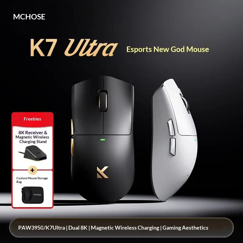 

MCHOSE K7 Ultra Lightweight Gaming Mouse, Esports 8K Wireless with Magnetic Charging, PAW3950 Sensor