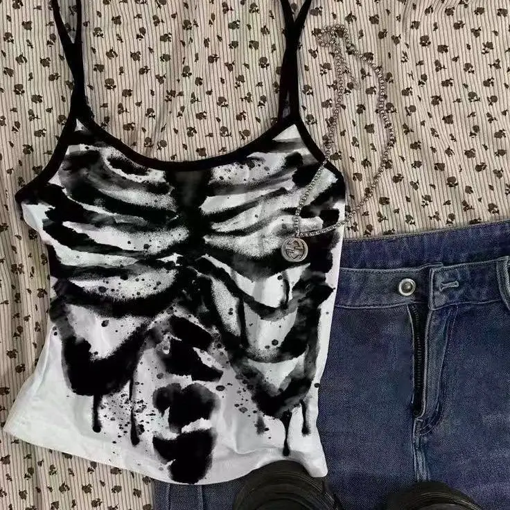 เสื้อกั๊กสไตล์โกธิค ฮาราจูกุ อิบูยะ โร สเกเลตัน สตรีท คูล ซับคัลเจอร์ ลายพิมพ์หวานซ่อนเปรี้ยว สำหรับใส่ไปทำงาน