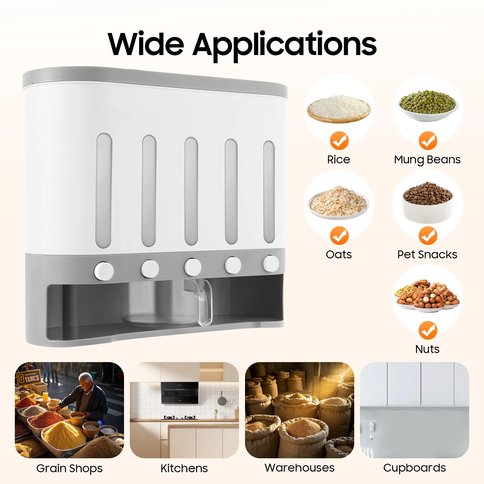 Reis-Müsli-Spender zur Wandmontage, 5 Gitter, Vorratsbehälter für trockene Lebensmittel, 9 kg, Aufbewahrungsbehälter für die Küche