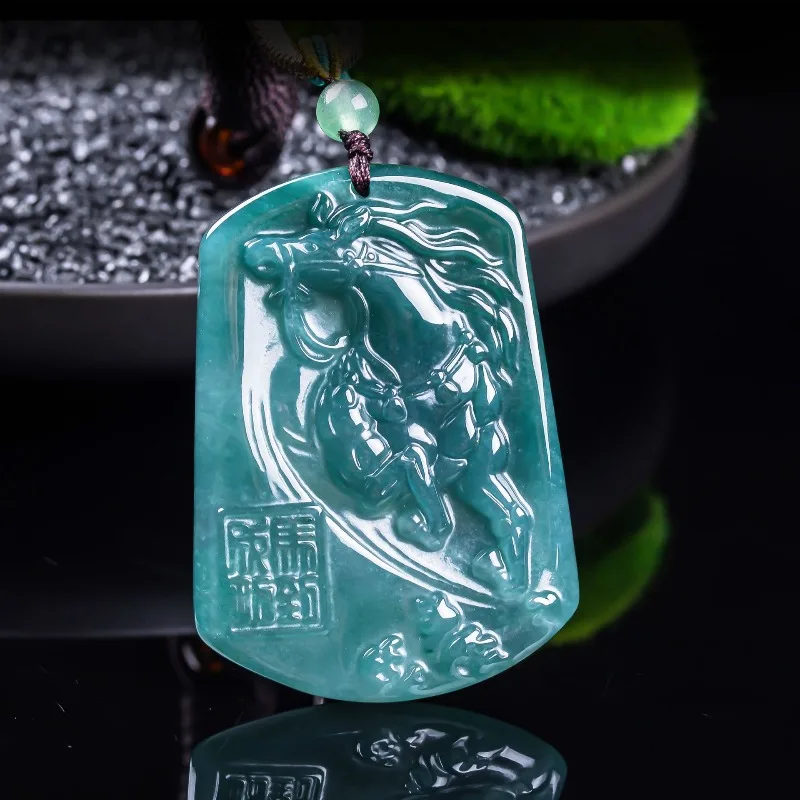 

Natural Real Emerald Blue Water Zodiac Horse Victory Pendant Myanmar Jadeite Necklace Jewelry Charm Designer Luxury Vintage