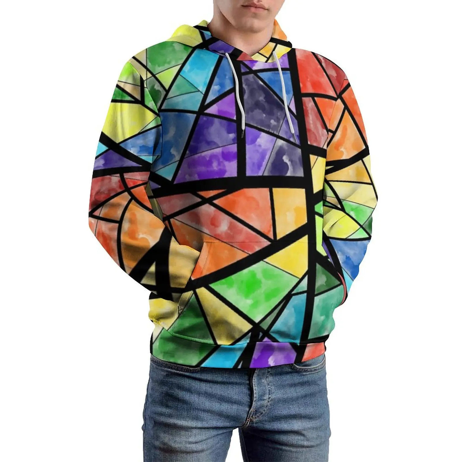 

Colorful Geometric Casual Hoodies Men Stained Glass Elegant Design Hooded Sweatshirts Spring Long Sleeve Loose Oversized Hoodie