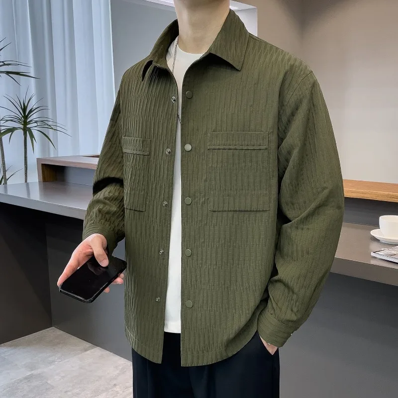 

Textured Jacket Men in Spring Autumn New Style Loose Trendy Lapel Casual Thin Autumn Shirt Jacket