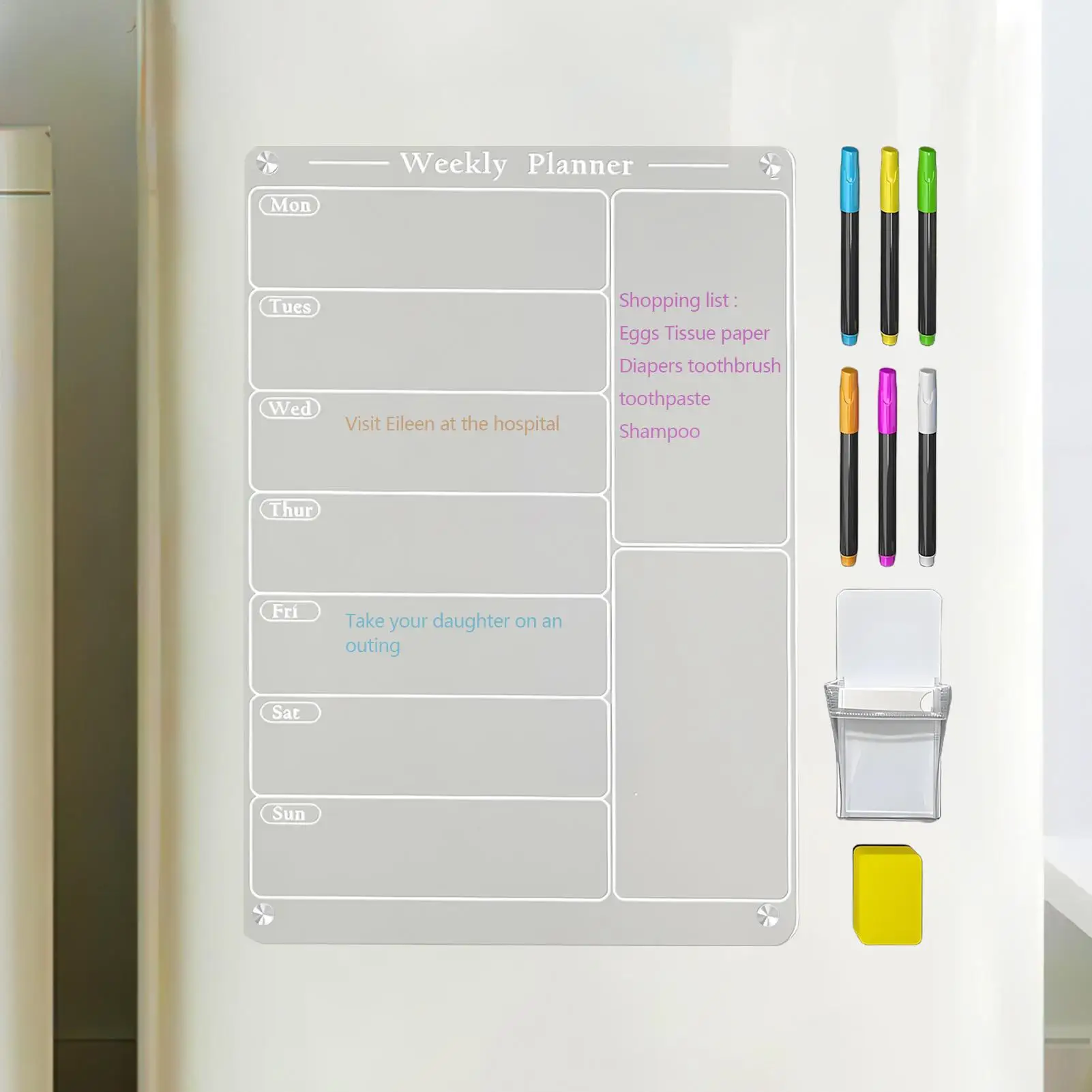 冷蔵庫用磁気ウィークリープランナー ウィークリードライイレースボード ペンホルダー付き 6蛍光ペン 再利用可能なアクリル食事カレンダーセット