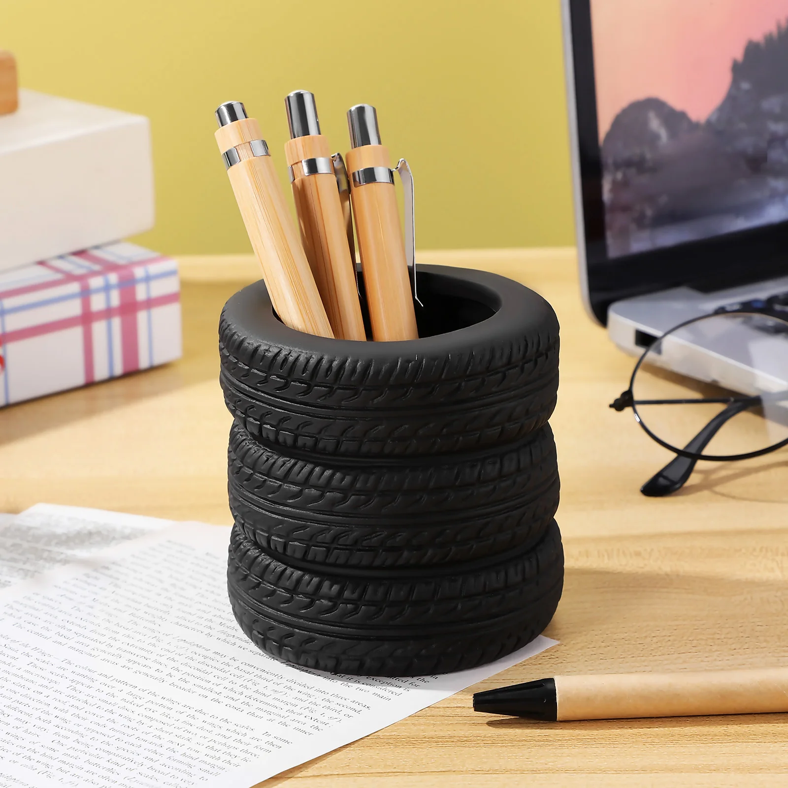 

Tire Shaped Pen Holder Desk Organizer Creative Office Supplies Plastic Pencil Cup Stationery Storage Cute Desk Accessories Multi