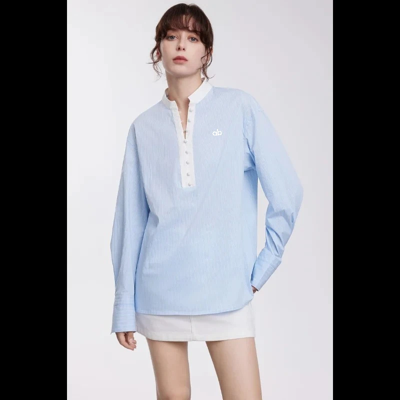 2026 Autumn Women Blue White Striped Blouse New Chinese Style Small Stand Collar Elegant Fashion Casual Daily Wear Shirt