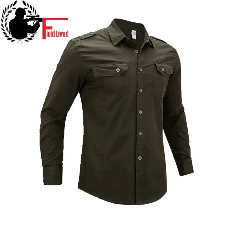 Military Style Men Shirts Long Sleeve Cotton Cargo Tactical Army Top Male Shirt Green Khaki Blue Big Size Plus 4XL Xxxl 5xl