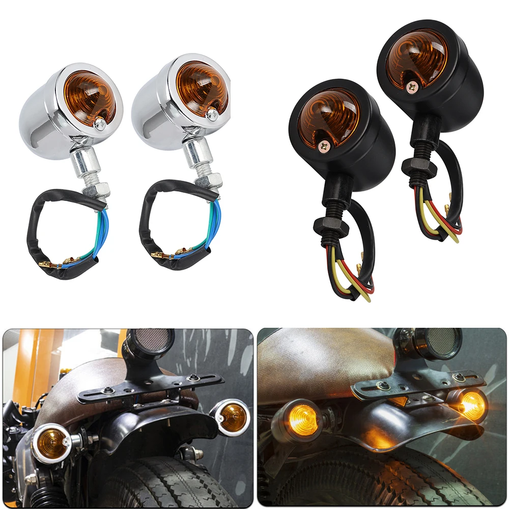 

1 Pair Motorcycle Bullet Amber Lens Turn Signal Lights Indicator Retro Lamp Chrome Metal For Harley Kawasaki Triumph Custom