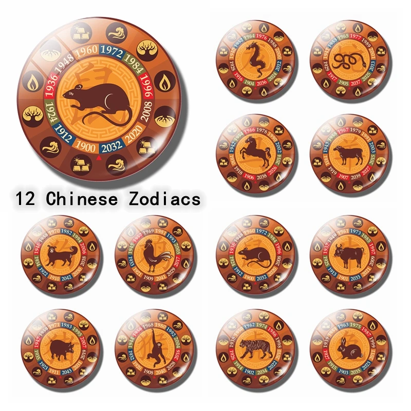 The 12 Chinese Zodiacs 30 MM Fridge Magnet Dog Chickens Dragons Glass Dome Magnetic Refrigerator Stickers Note Holder Home Decor