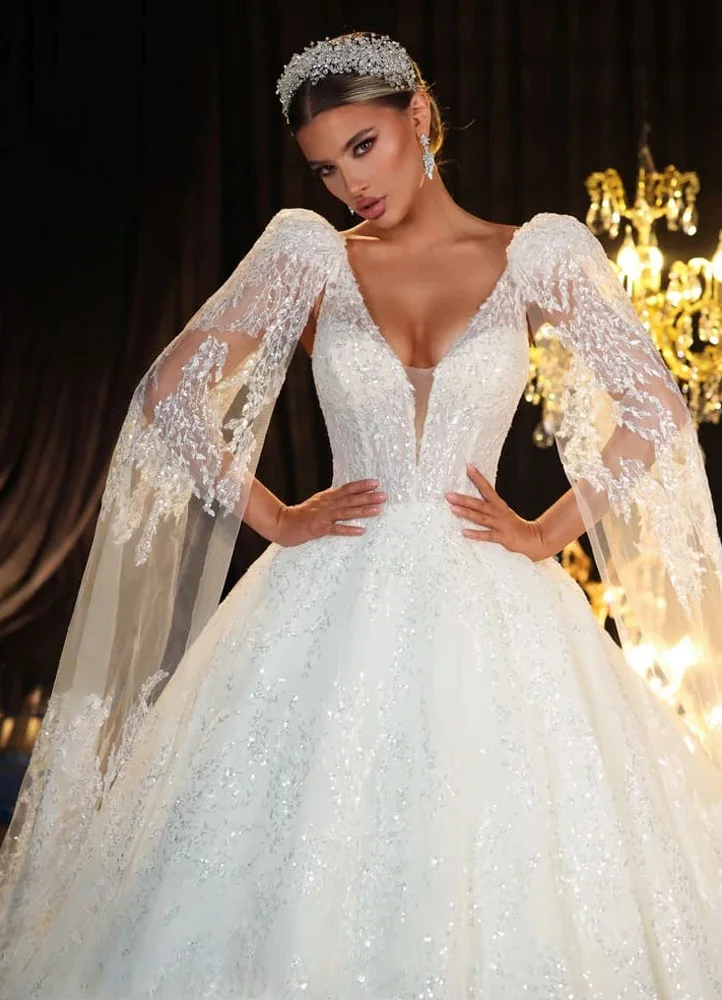 Maßgeschneidertes wunderschönes A-Linie-Hochzeitskleid, luxuriös, V-Ausschnitt, 2-in-1-Umhang, Prinzessin-Brautkleid, Vestido de Noiva