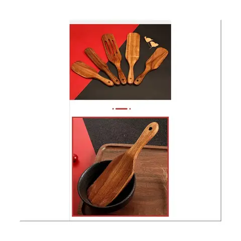 Träköksredskap Set 5PCS Teakträ Non-stick Värmebeständig Spatel Sked Köksredskap för Matlagning Servering och Omrörning 10 best sales träskedsset - №8