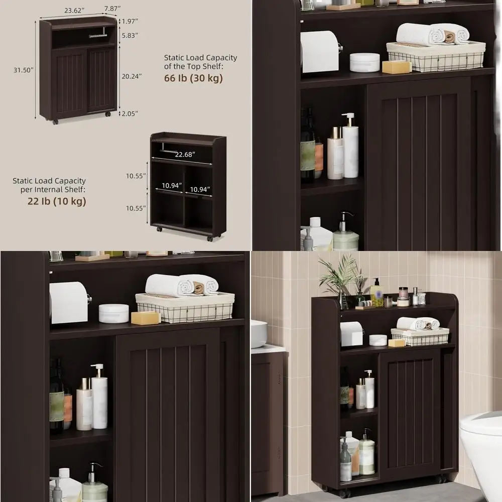 

Тонкий шкаф для хранения с отделкой эспрессо, раздвижными дверцами и регулируемыми полками для компактных помещений в ванной комнате