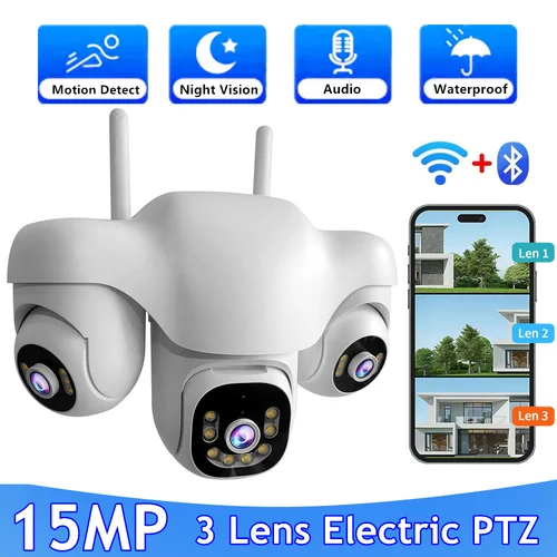 Cámara IP PTZ de tres lentes de 15MP, WiFi, inalámbrica, para exteriores, Audio bidireccional, seguimiento automático humano, cámaras de vigilancia, Bluetooth, IP, CCTV