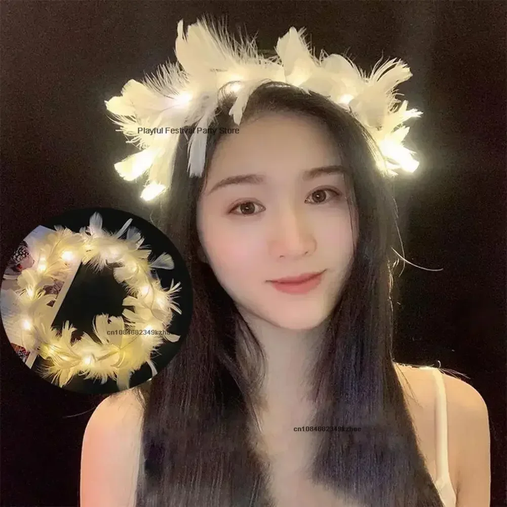 10style Flower Crown Led Feather Crown Headband Luminous Light Up Feather Angel Crown Wreath Headbands Wedding Festival Party