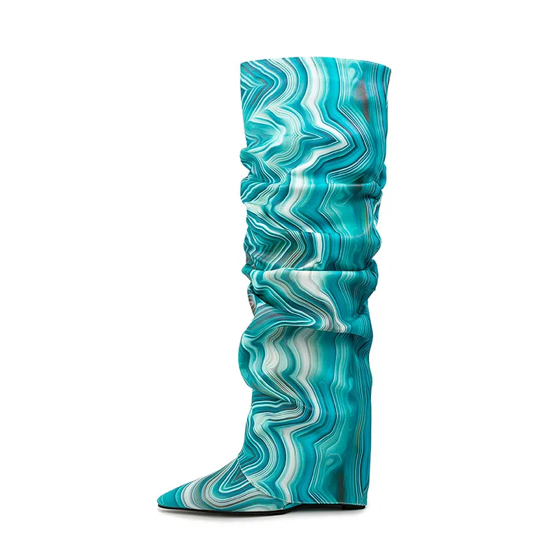 Arden Furtado Pointed toe Pleated Wedge knee high boots Color stripe Microfiber Slip-on Super high heel Modern boots