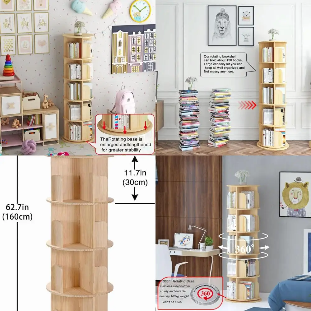 

Rotating Bookshelf, 360 Display Corner Bookshelf for Small Space, 5 Tier Floor Standing Bookcase Storage Rack, Wood Narrow Organ