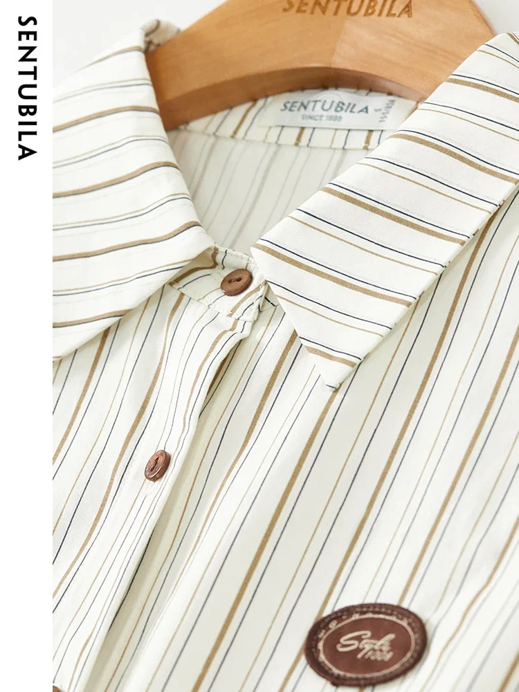 SENTUBILA Polo Striped Shirt for Women 2025 Spring New Fashion Long Sleeve Button Up Blouse Lady Letter Contrast Top 133C50734