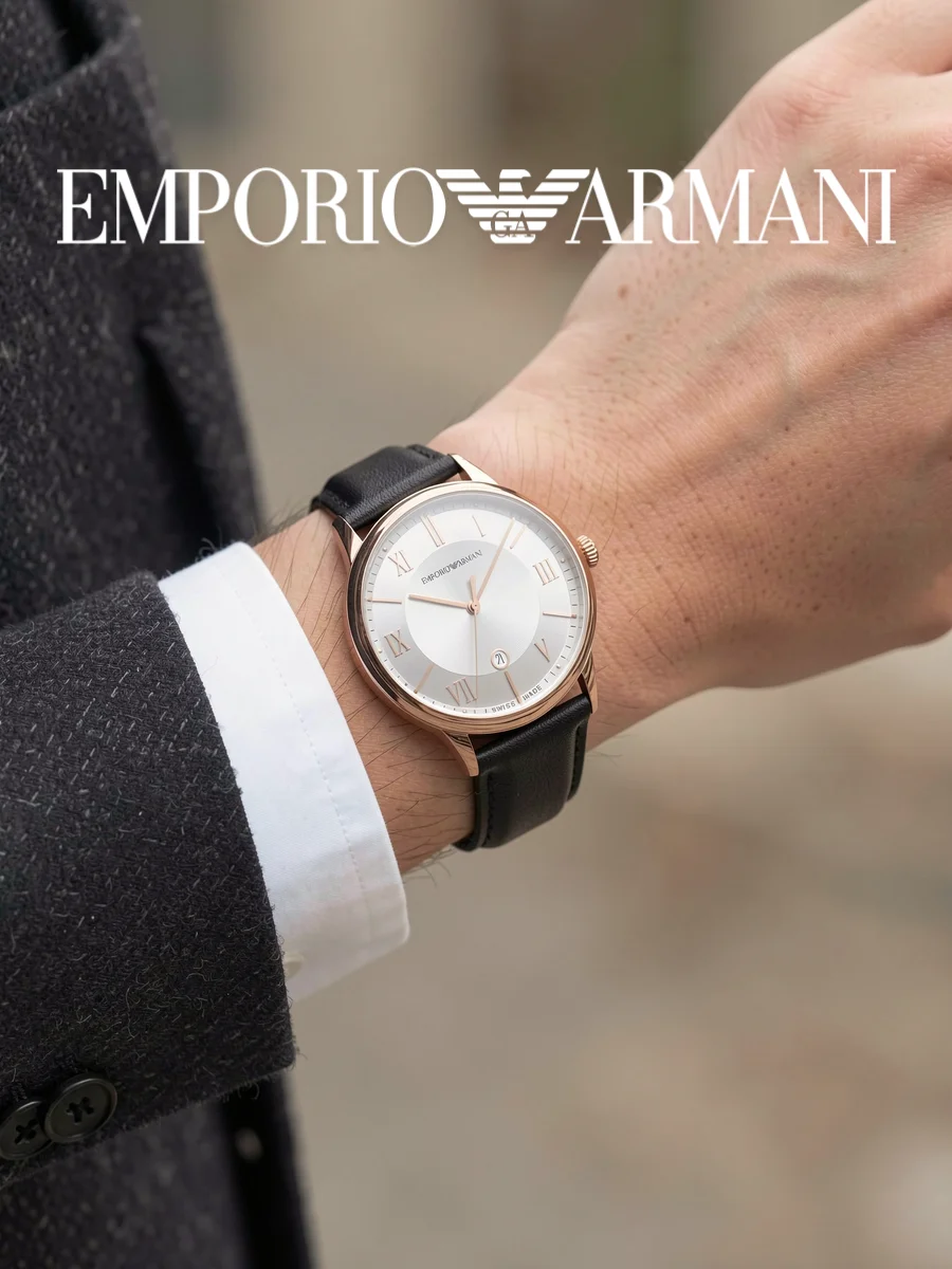 Emporio Armani ARS5000 Men's Quartz Watch Rose Gold Case Black Leather Strap Roman Numeral Index Date Business Formal Gift Watch