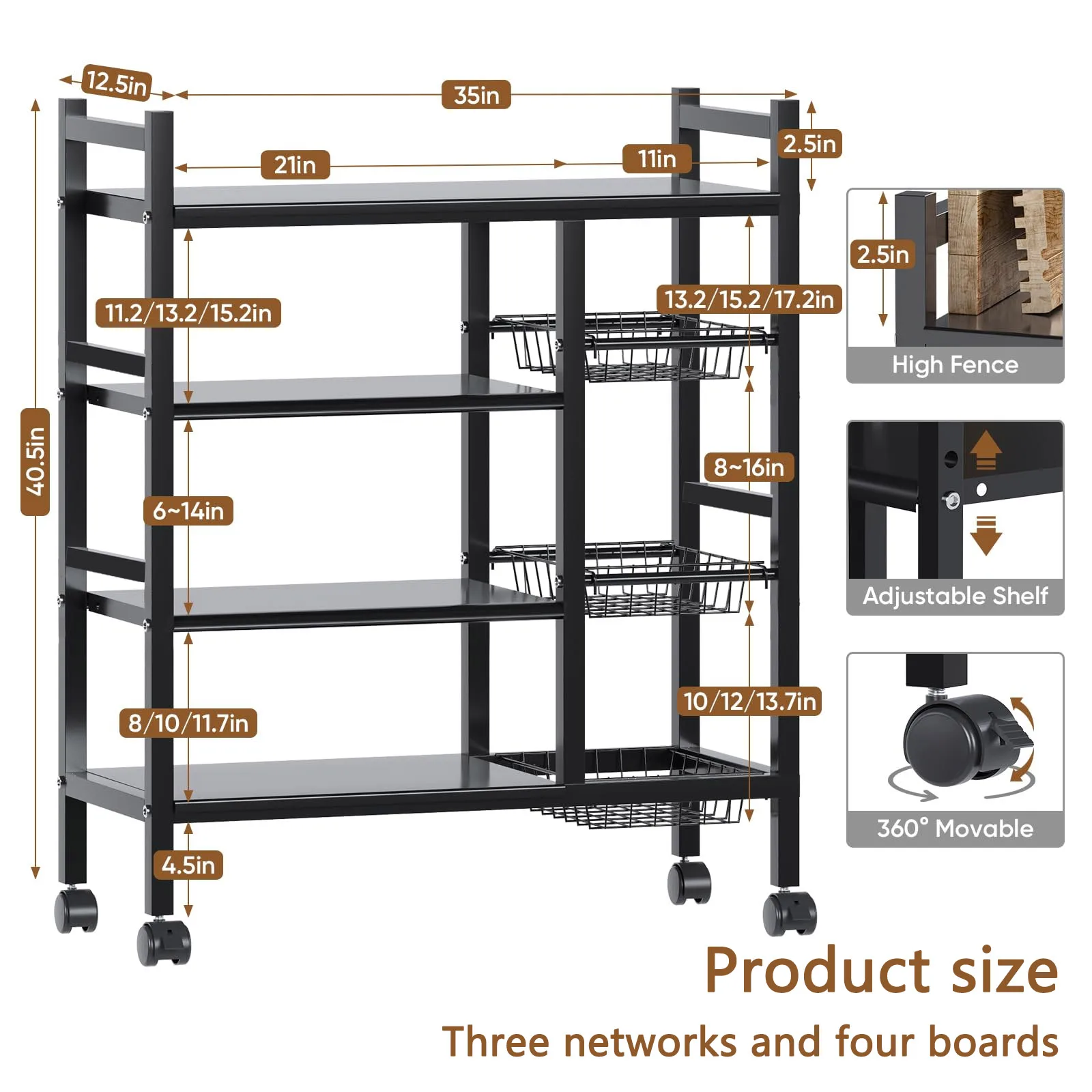 1 movable kitchen vegetable basket storage rack for kitchen storage and supplies storage, suitable for basic accessories in garages, kitchens, and home garages