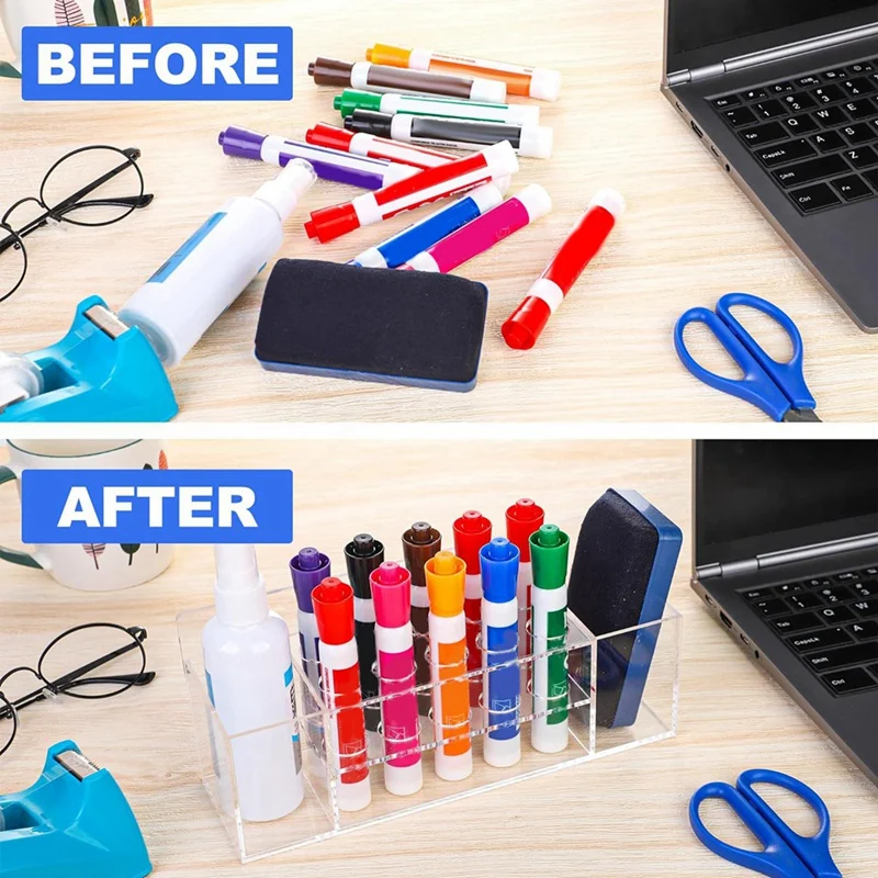 Tempat Spidol Penghapus Kering Magnetik Tempat Spidol Magnetik Akrilik Bening dengan 10 Slot dan Tempat Penghapus Tempat Pensil Pena