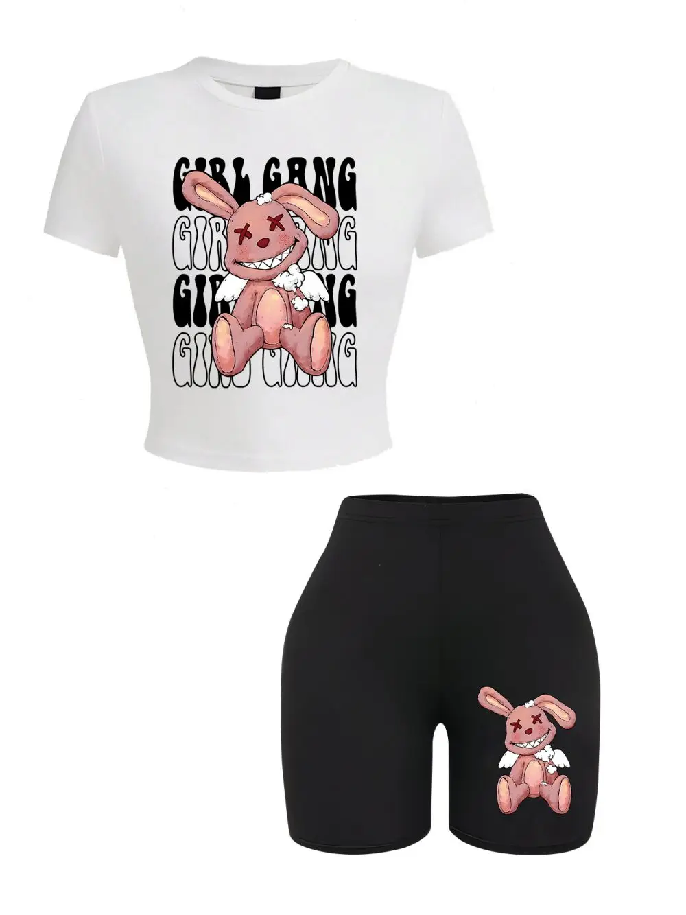 Sporty Womans Crop Tops & Shorts Two Pieces Set Girl Gang Bad Laughing Rabbit Prints T-Shirts High Elastic Soft Slim Clothes