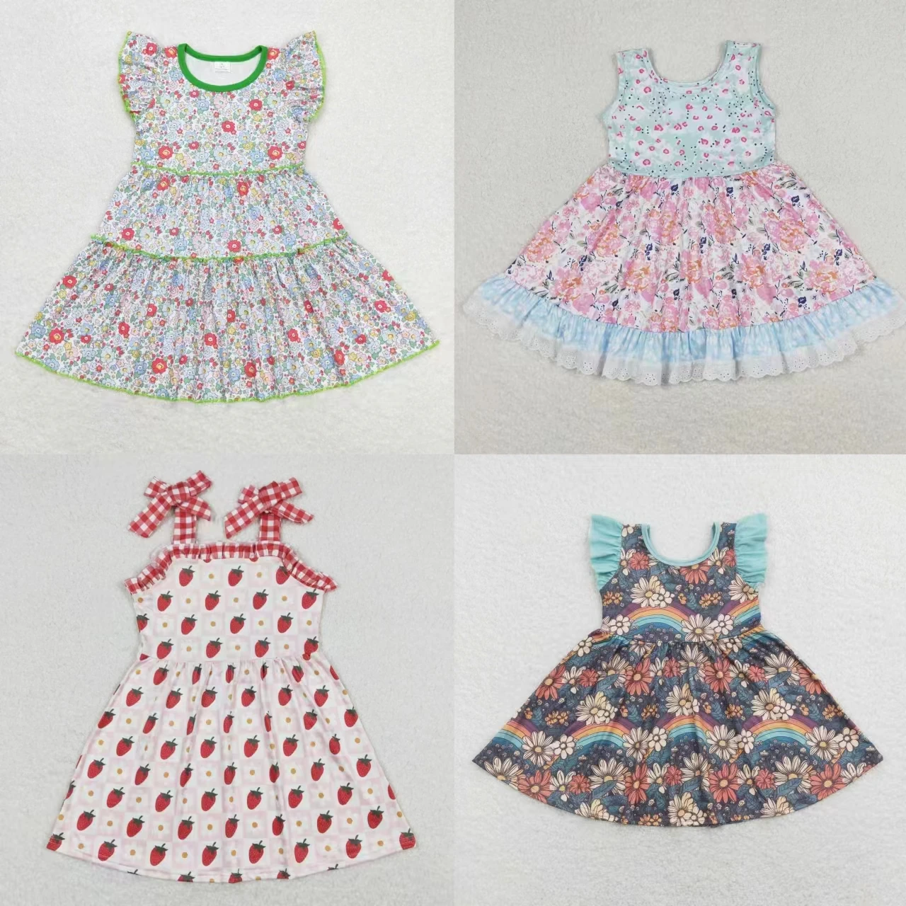 Wholesale Toddler Summer One Piece Baby Girl Infant Floral Twirl Dress Kids Children Flower Knee Length Ruffle Clothing