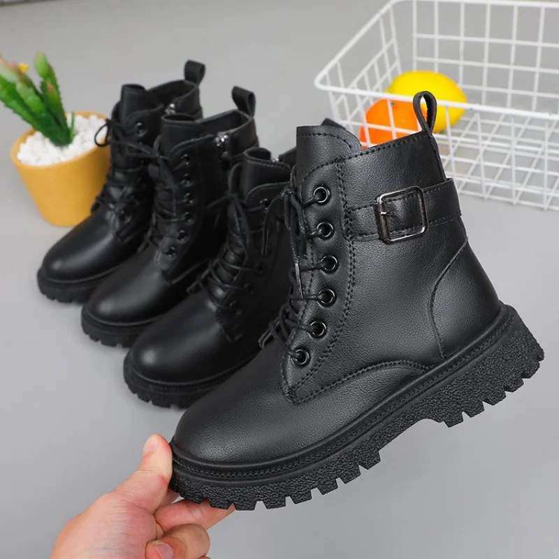 

Autumn/Winter ZIP Fashion Cool Baby Girls Warm Square Heel Round Toe Casual Lace-Up Comfortable Kids Black Mid Boots