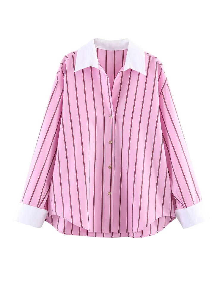

Женская универсальная блузка-рубашка HH 2026: весенняя, розовая, в полоску, с отложным воротником, длинным рукавом, однобортная, с декоративными элементами, повседневная