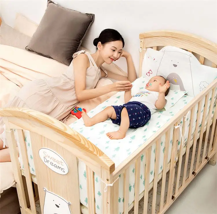 YQ JENMW Solid wood crib Best selling solid pine wooden baby bed design/baby swing cot/baby crib attached adult bed