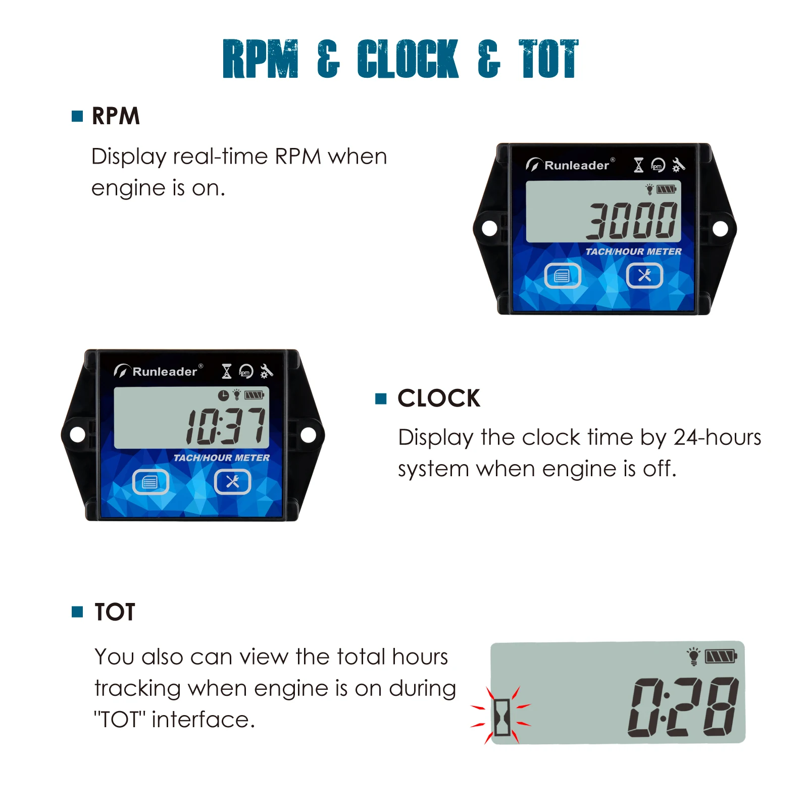 Digital LCD Hours Tachometer with Alligator Clip,Maintenance Reminder,Backlight Display,Battery Replaceable for Garden Tractor