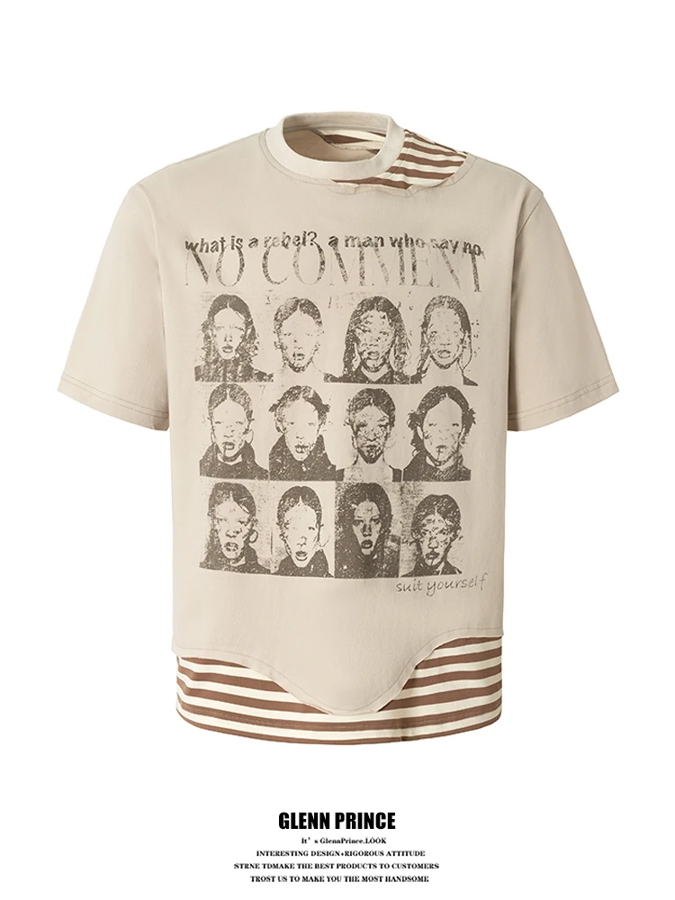

American Retro Portrait Print Splice Vibe Short Sleeve Men's Summer Street Cool Fake Two-Piece T-Shirt Breathable Cotton roun...
