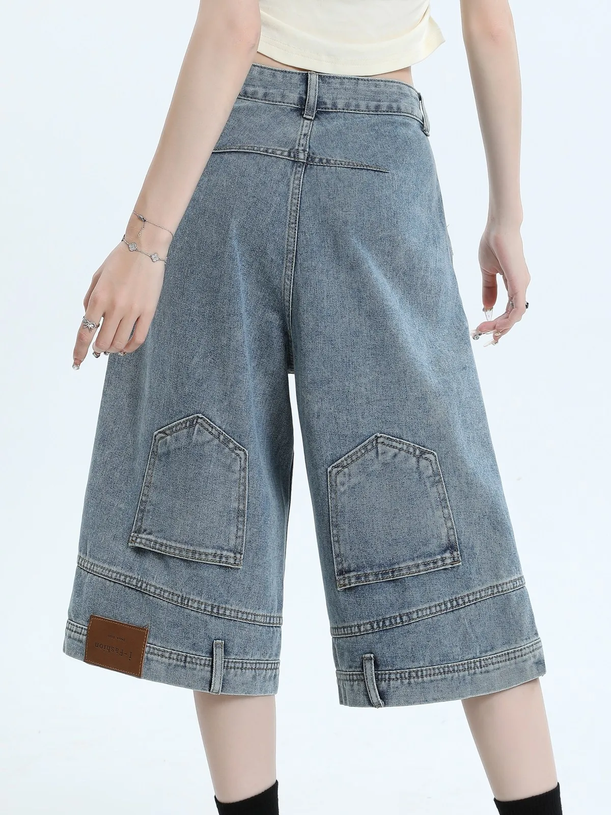 ZHISILAO Loose Calf-length Jeans Women Vintage Y2k Pocket Chic High Waist Wide Leg Denim Pants Summer 2024