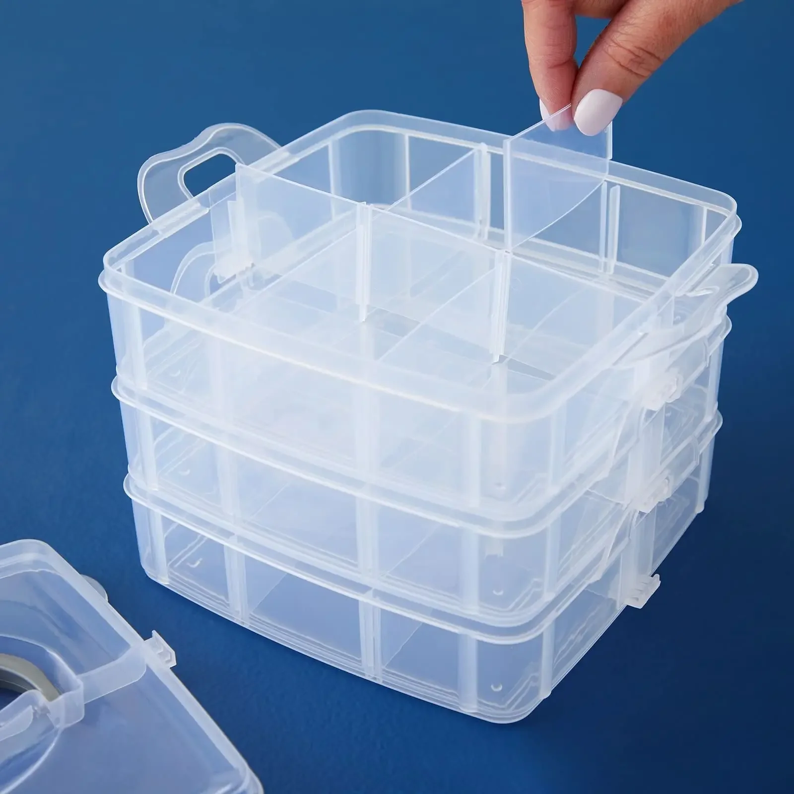 3-Tier Transparent Stackable Adjustable Compartment Slot Plastic Craft Storage Box Organizer Snap-lock Tray