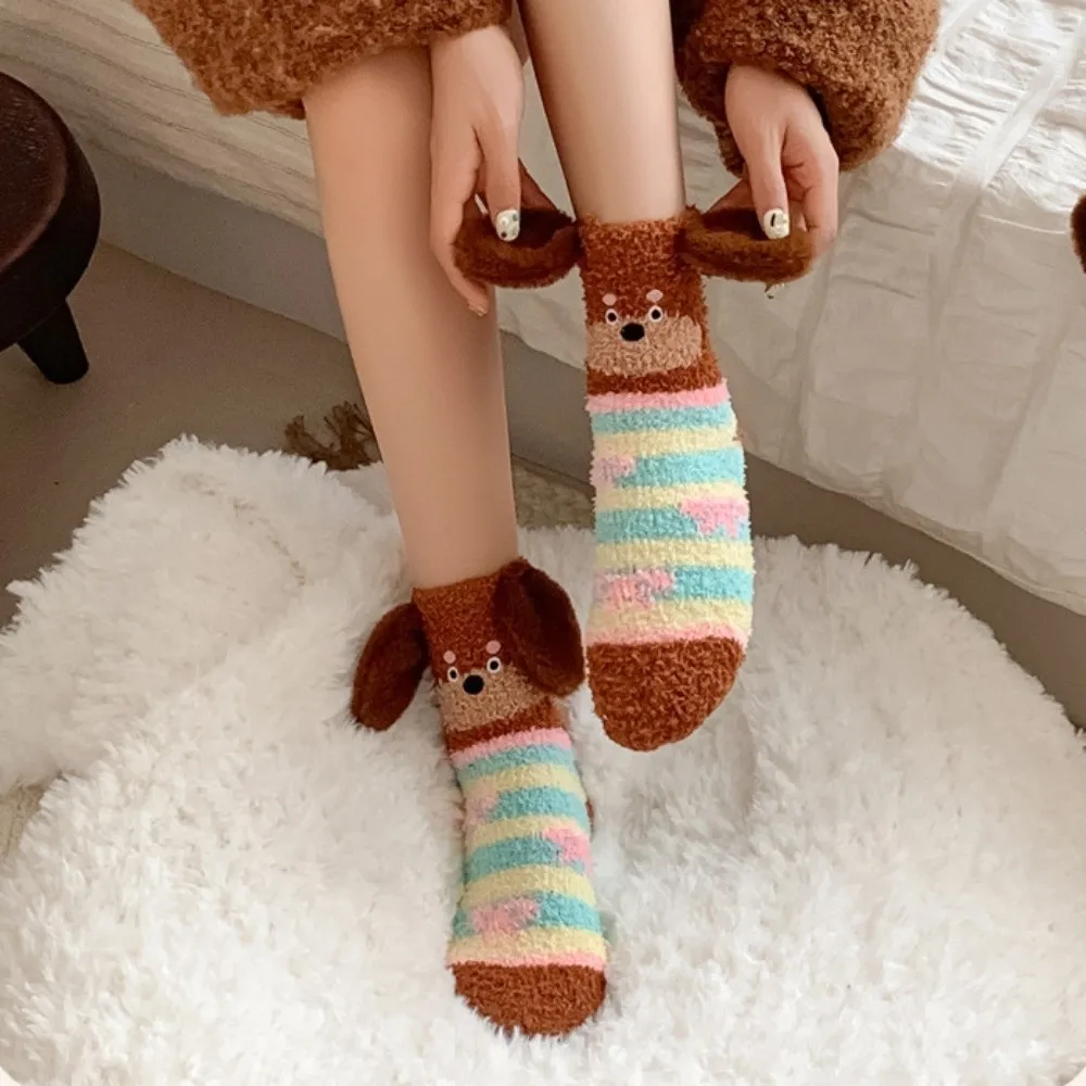

Fashion Stripe Puppy Ears Coral Fleece Socks Polka Dot Sleeping Socks Soft Warm Dog Thicken Velvet Socks Women