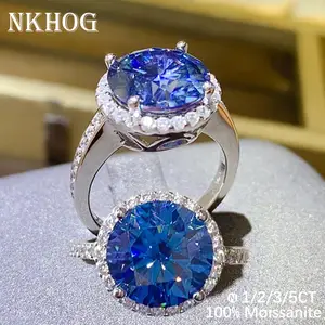 K Solid Gold Round Firework Cut Light Blue Moissanite top Ring For Women Engagement Wedding Band Anniversary Promise Gifts For Her